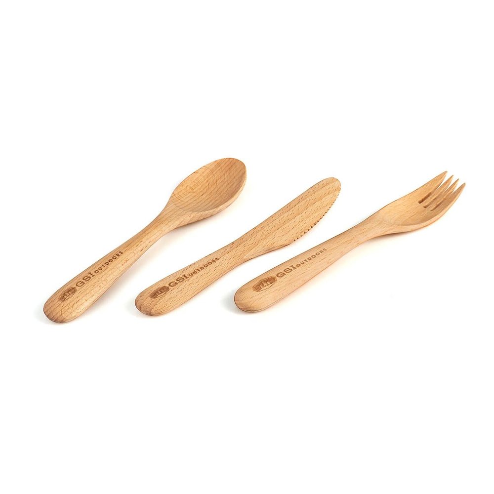 GSI Outdoors 46103 Rakau 3PC Wooden Cutlery Set - FSC-Certified Beech Wood Fork, Spoon & Knife with rPET Travel Bag, Environmentally Conscious & Reusable