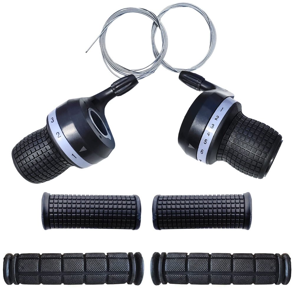 1 Pair Bicycle Twist Grip Gear Shifters 3X7 Speed DIP Compatible for Mountain Bike and 1 Pair Non-Slip Rubber Bike Handle Bar Grip