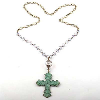 Jewelry Multi Blue Glass Crystal Rosary Chain Bronze Chain Metal Cross Pdant Necklaces WOM Ethnic Necklace - (Main Stone Color: Blue; Lgth: 76cm)