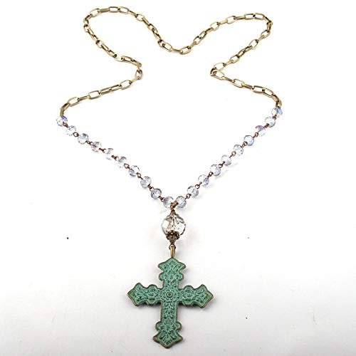 Jewelry Multi Blue Glass Crystal Rosary Chain Bronze Chain Metal Cross Pdant Necklaces WOM Ethnic Necklace - (Main Stone Color: Blue; Lgth: 76cm)
