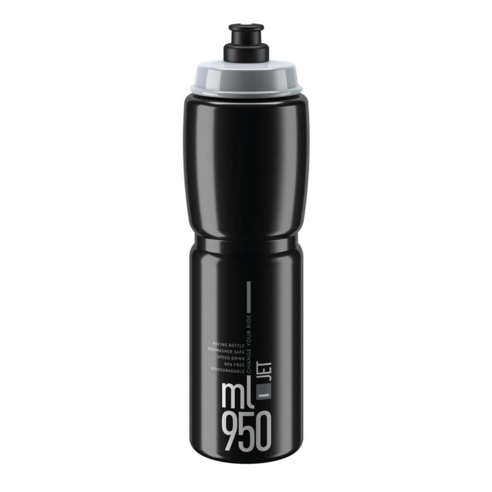 Elite Jet Cycling Water Bottle 950ml Black with Grey Logo High-Flow, Biodegradable, BPA-Free