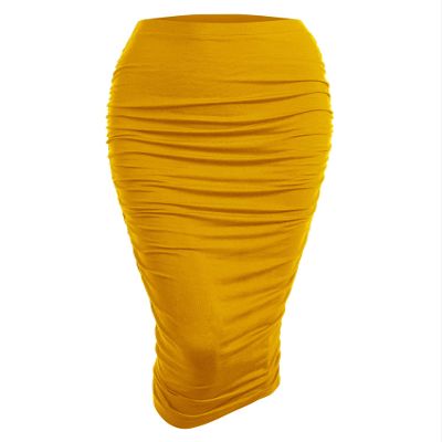 MBJ WB1147 Womens Elegant High Waist Pencil Skirt with Side Shirring S Mustard