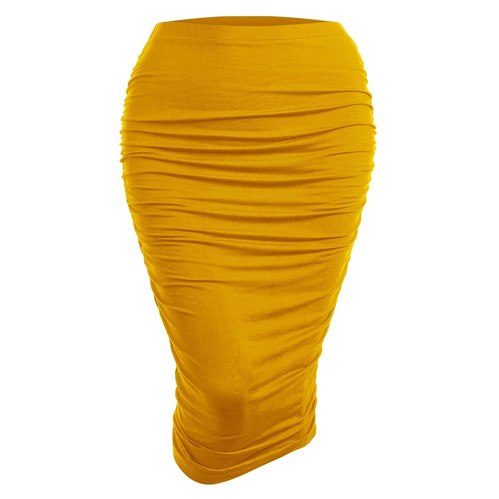 MBJ WB1147 Womens Elegant High Waist Pencil Skirt with Side Shirring S Mustard