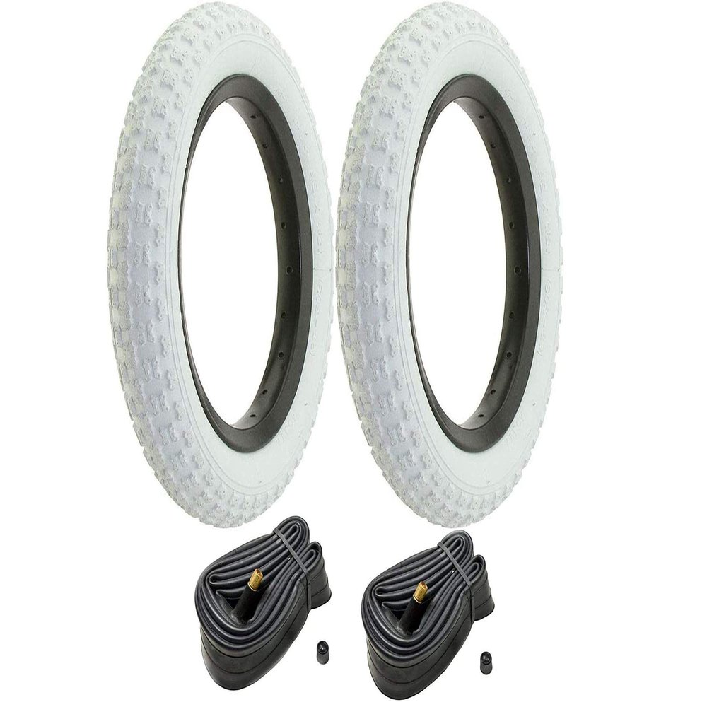 CYCLEZ Pair/Set (2) - 12 1/2" x 2 1/4" White Bicycle Tires and (2) 12" Standard American/Valve Tubes, Kids Comp 3 Thread Style Replacement Bundle kit, 12 in Tyres and Tubes Combo