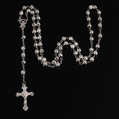 6mm Gold Rose Beads Rosary Pdant Necklace Alloy Cross Virgin Mary Cter Catholic Christian Religious Jewelry - (Metal Color: X00903)