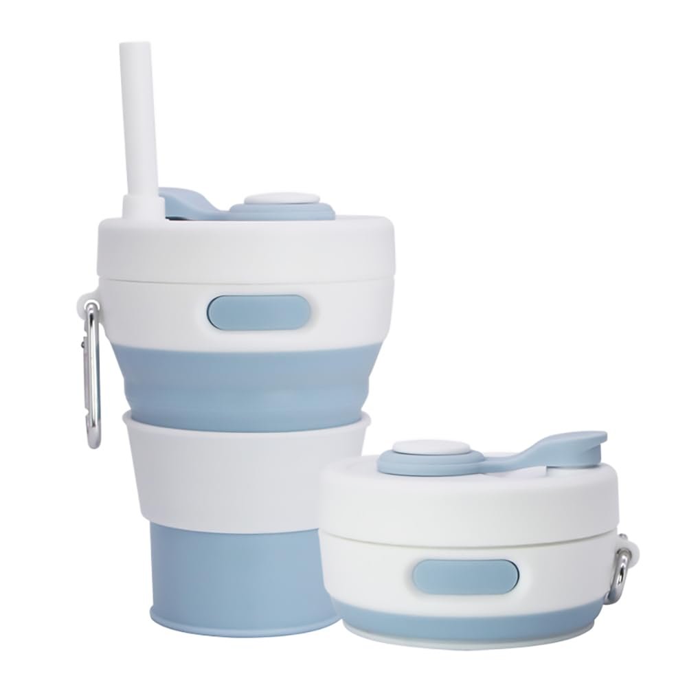 UNNESTAR Collapsible Camping Cup with Straw Silicone Folding Coffee Cup Sport Bottle Portable Travel Outdoor Car 16oz 20oz (Light Blue)