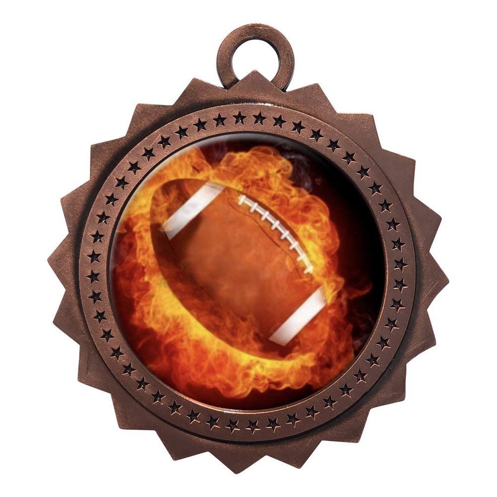 10 PK of Flame Football Bronze Medals Trophy Award with Neck Ribbons D03-EMFCL802