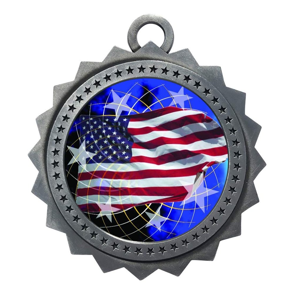 10 PK of American Flag Silver Medals Trophy Award with Neck Ribbons D03-FCL570