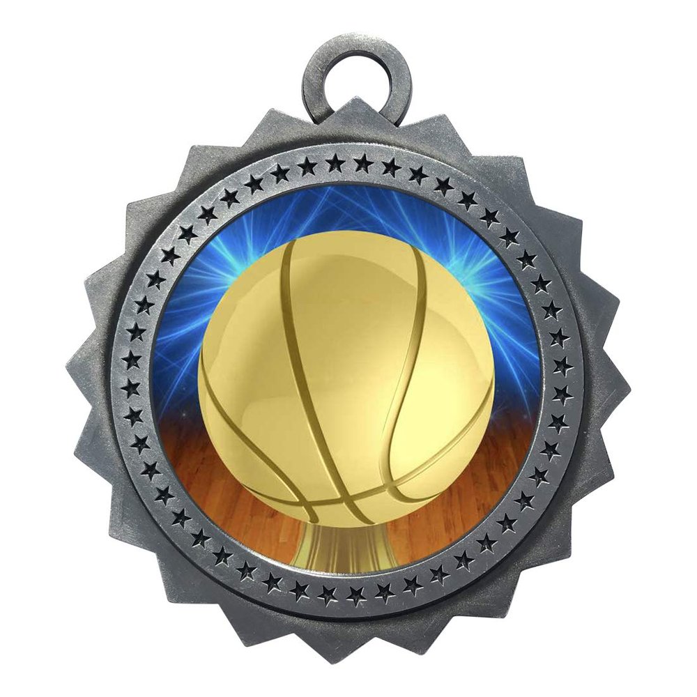 10 PK of Basketball Silver Medals Trophy Award with Neck Ribbons D03-D10