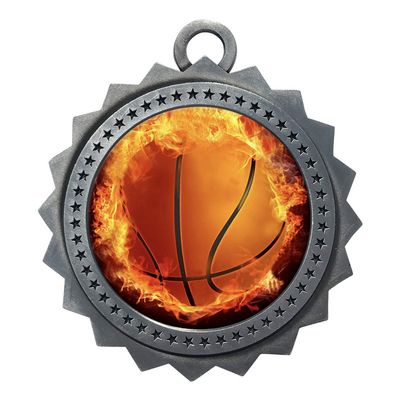 10 PK of Flame Basketball Silver Medals Trophy Award with Neck Ribbons D03-EMFCL803