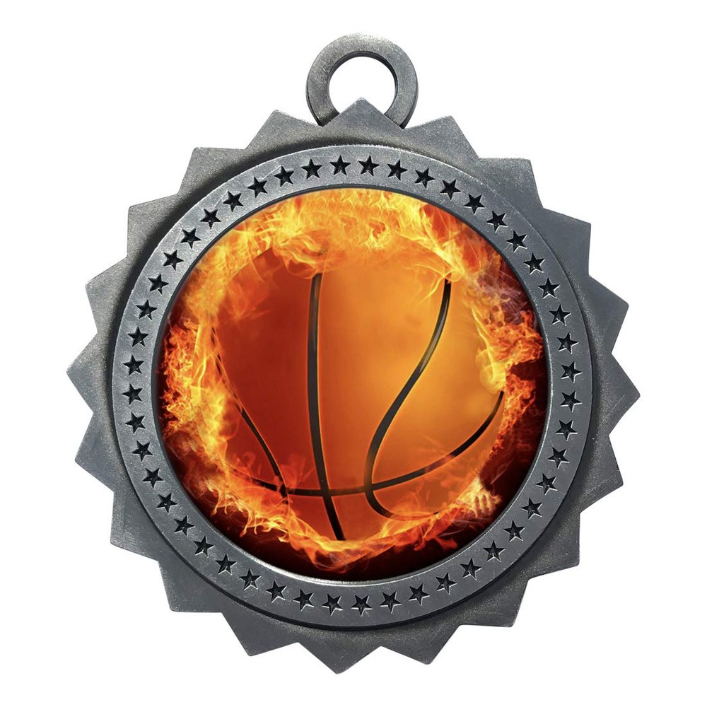 10 PK of Flame Basketball Silver Medals Trophy Award with Neck Ribbons D03-EMFCL803