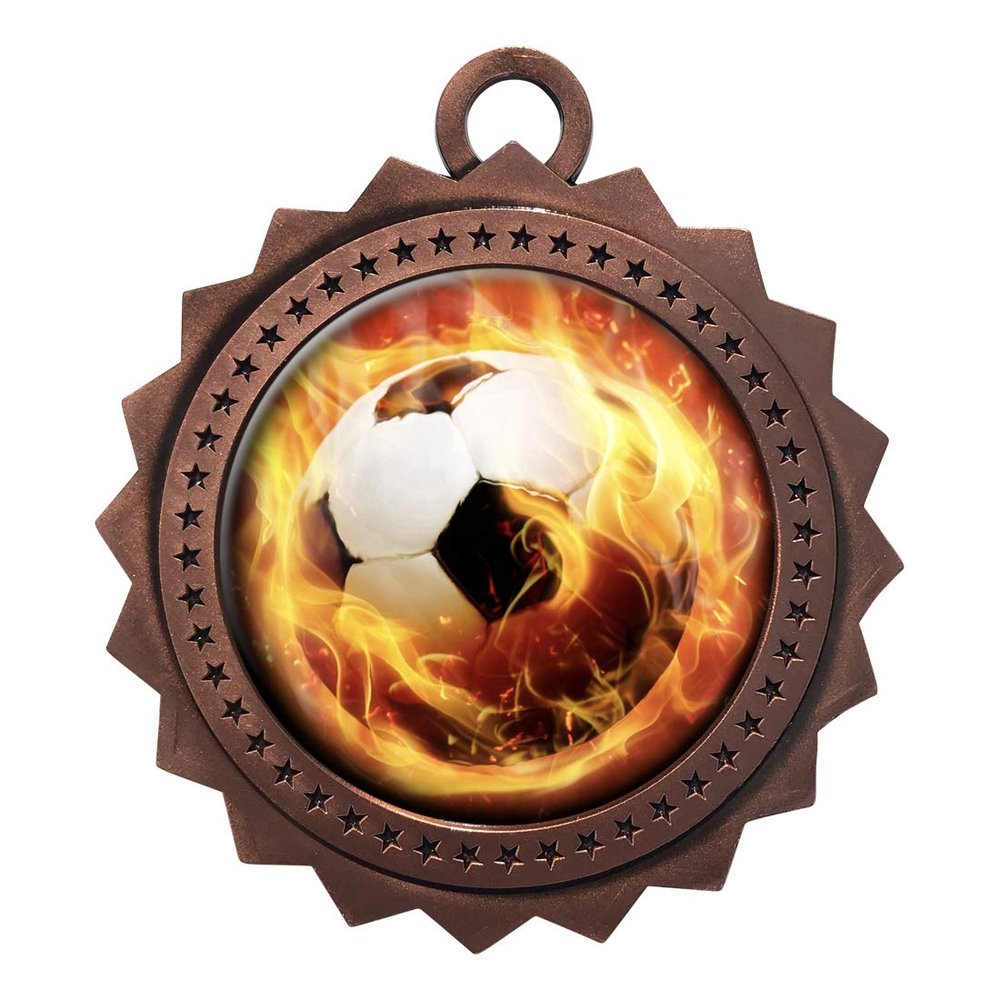 10 PK of Flame Soccer Bronze Medals Trophy Award with Neck Ribbons D03-EMFCL809