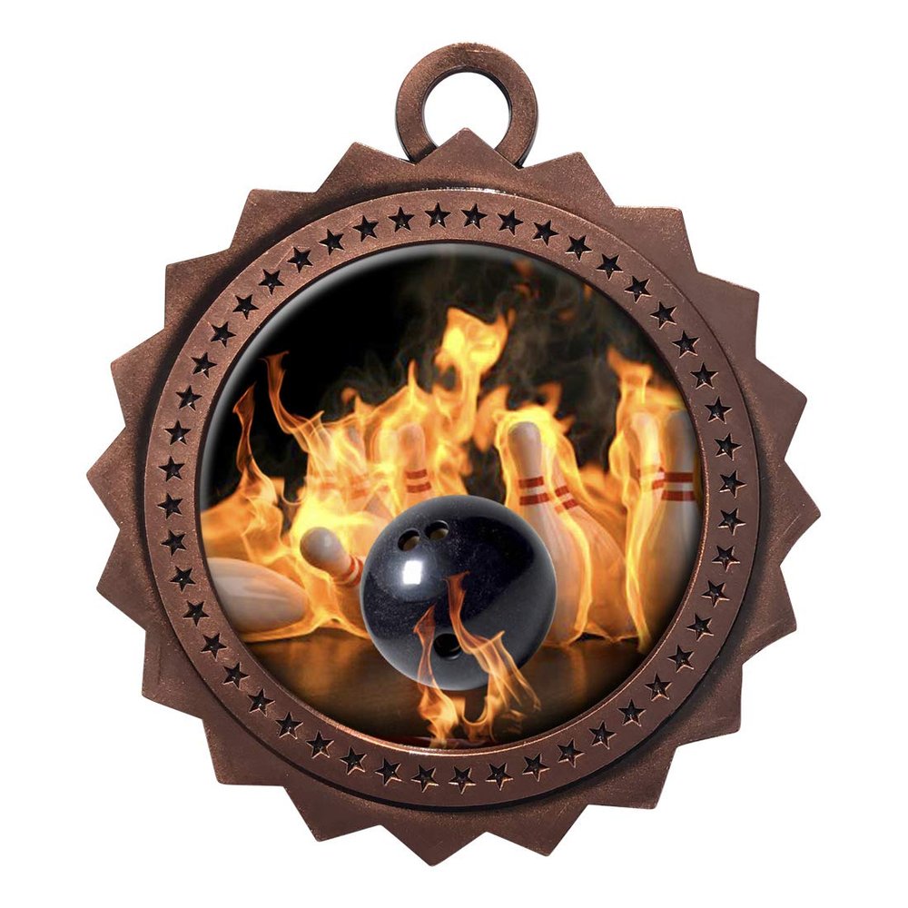 10 PK of Flame Bowling Bronze Medals Trophy Award with Neck Ribbons D03-EMFCL818
