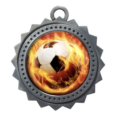 10 PK of Flame Soccer Silver Medals Trophy Award with Neck Ribbons D03-EMFCL809