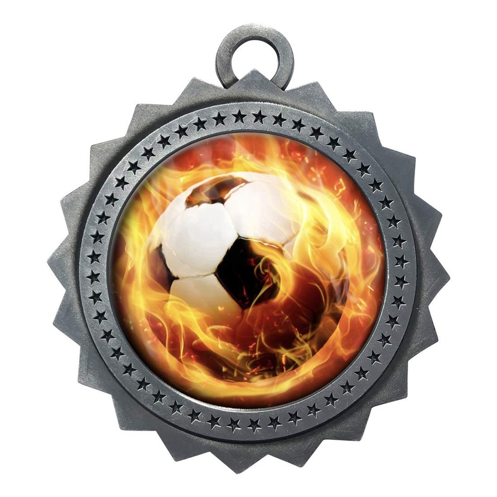 10 PK of Flame Soccer Silver Medals Trophy Award with Neck Ribbons D03-EMFCL809