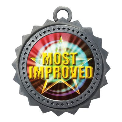 10 PK of Most Improved Silver Medals Trophy Award with Neck Ribbons D03-MY457