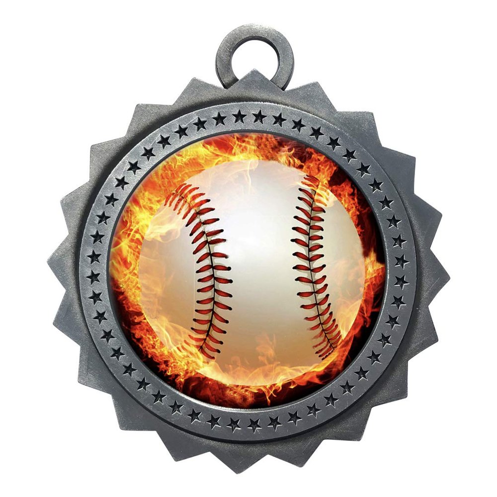 10 PK of Flame Baseball Silver Medals Trophy Award with Neck Ribbons D03-EMFCL808