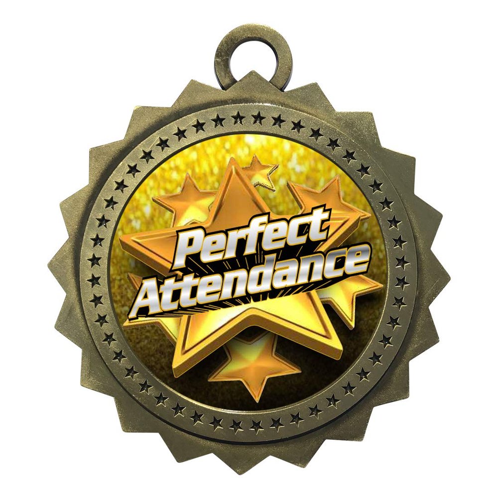 10 PK of Perfect Attendance Gold Medals Trophy Award with Neck Ribbons D03-FCL525