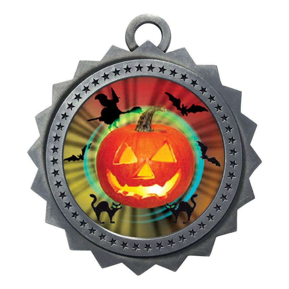 10 PK of Halloween Silver Medals Trophy Award with Neck Ribbons D03-MY478