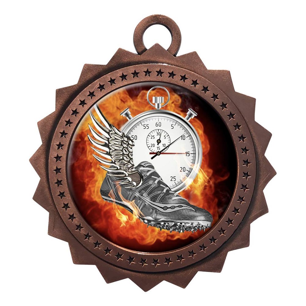 10 PK of Flame Track Bronze Medals Trophy Award with Neck Ribbons D03-EMFCL810