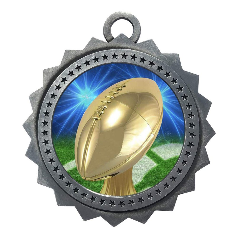 10 PK of Football Silver Medals Trophy Award with Neck Ribbons D03-D20