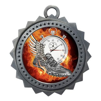 Express Medals Flame Track Silver Medals Trophy Award with Neck Ribbons D03-EMFCL810 (Pack of 10)