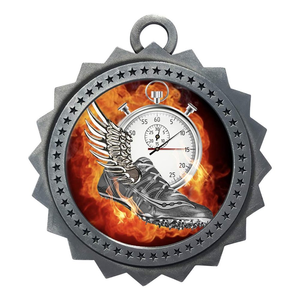 Express Medals Flame Track Silver Medals Trophy Award with Neck Ribbons D03-EMFCL810 (Pack of 10)