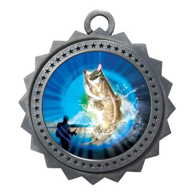 10 PK of Bass Fishing Silver Medals Trophy Award with Neck Ribbons D03-MY421