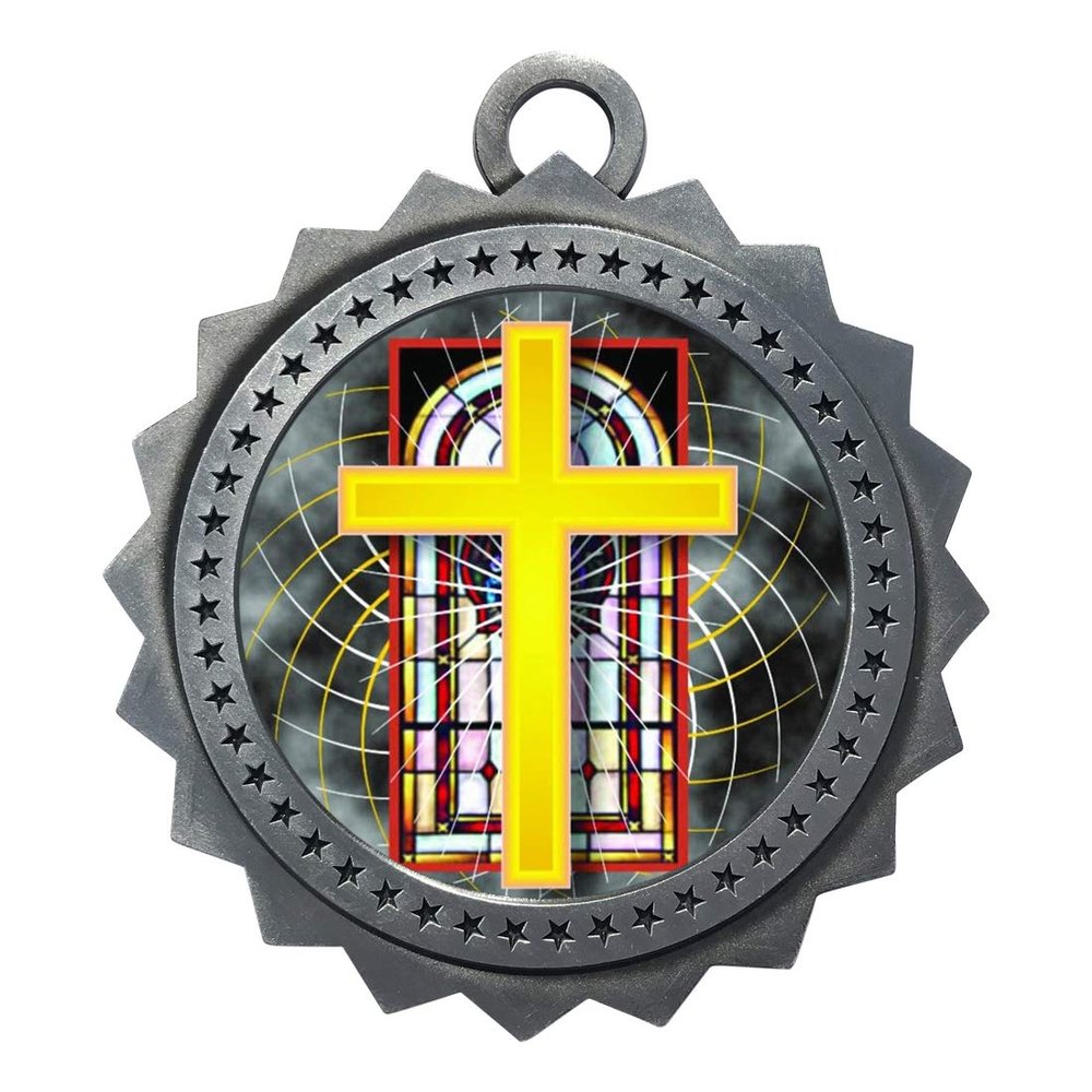 10 PK of Religious Silver Medals Trophy Award with Neck Ribbons D03-FCL528