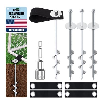 Eurmax USA Ground Anchors Screw in Trampoline Anchors High Wind Tent Stakes Heavy Duty Ground Stakes Trampoline Stakes Anchor Kit Set of 4 Bonus 4 Strong Belt (Silver)