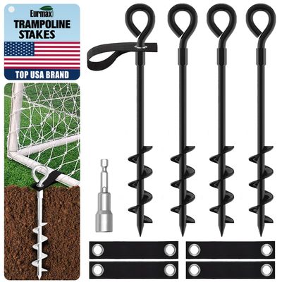 Eurmax USA Trampoline Stakes Screw in Tent Stakes Parts Heavy Duty for Canopies,4-Pack Outdoor Anchor Kit with Straps(Black)