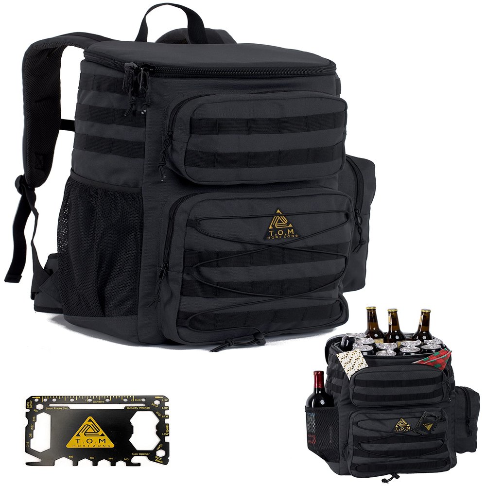 Cooler Backpack, Tactical, Insulated. Heavy Duty, Extra Large, Leak Proof for Hiking, Camping, Beach. Bonus, Credit Card Multi Tool Included (Charcoal Grey)