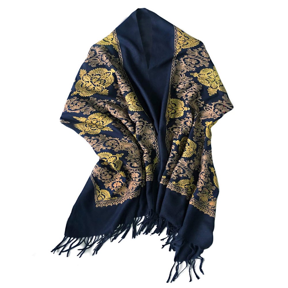 Urban CoCo Women's Embroidered Oversize Tassel Shawl Scarf (#2-Navy Blue)