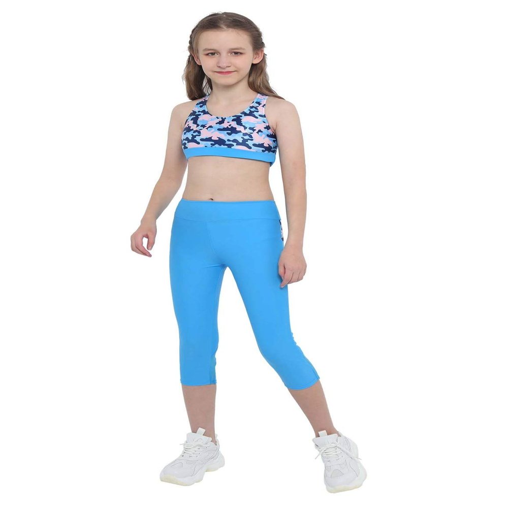renvena Girls 2Pcs Sports Dance Suits Printed Back Straps Crisscross Tank Top with Cropped Pants Tracksuit Camouflage Blue 4