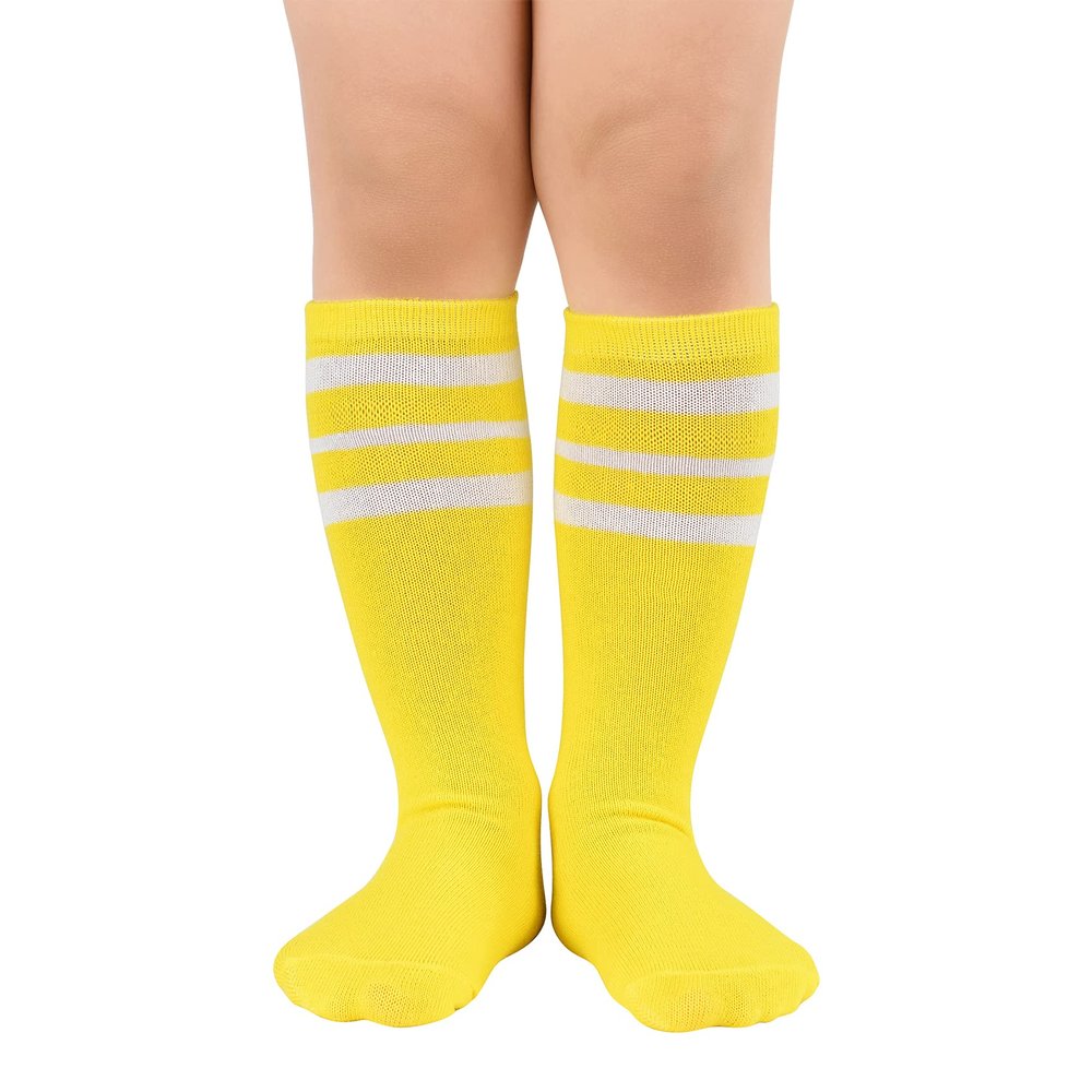 Durio Kids Soccer Socks Soft Cotton Toddler Soccer Socks for Boys and Girls Knee High Sports Tube Socks Yellow with White Stripes
