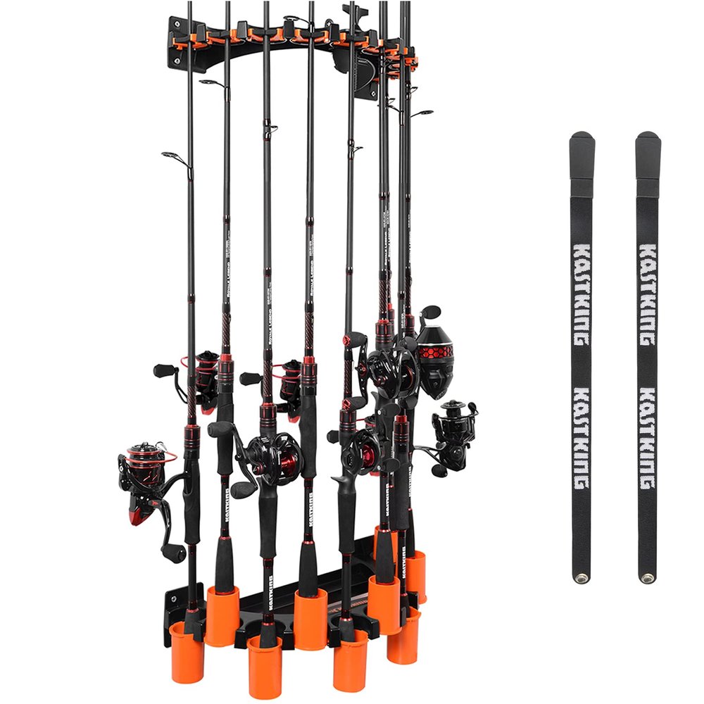 KastKing V10 Rod Rack with Spooling Station, Wall Mounted Fishing Rod/Combo Rack, Holds 10 Combos, Line Spooling Tool for Spinning and Casting Reels (2pcs Line Boss Included)