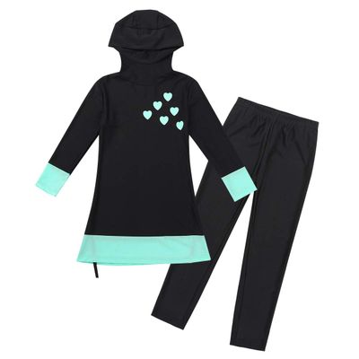JEEYJOO Kids Girls 2Pcs Burkini Hijab Swimwear Long Sleeves Full Cover Sun Protection Rash Guard Bathing Suit Black 12-14