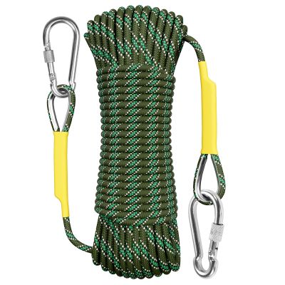 X XBEN Outdoor Climbing Rope, 8MM Diameter Static Rock Climbing Rope 40M(132ft) Tree Climbing Rappelling Rope with Hooks, Escape Rope Fire Rescue Parachute Rope