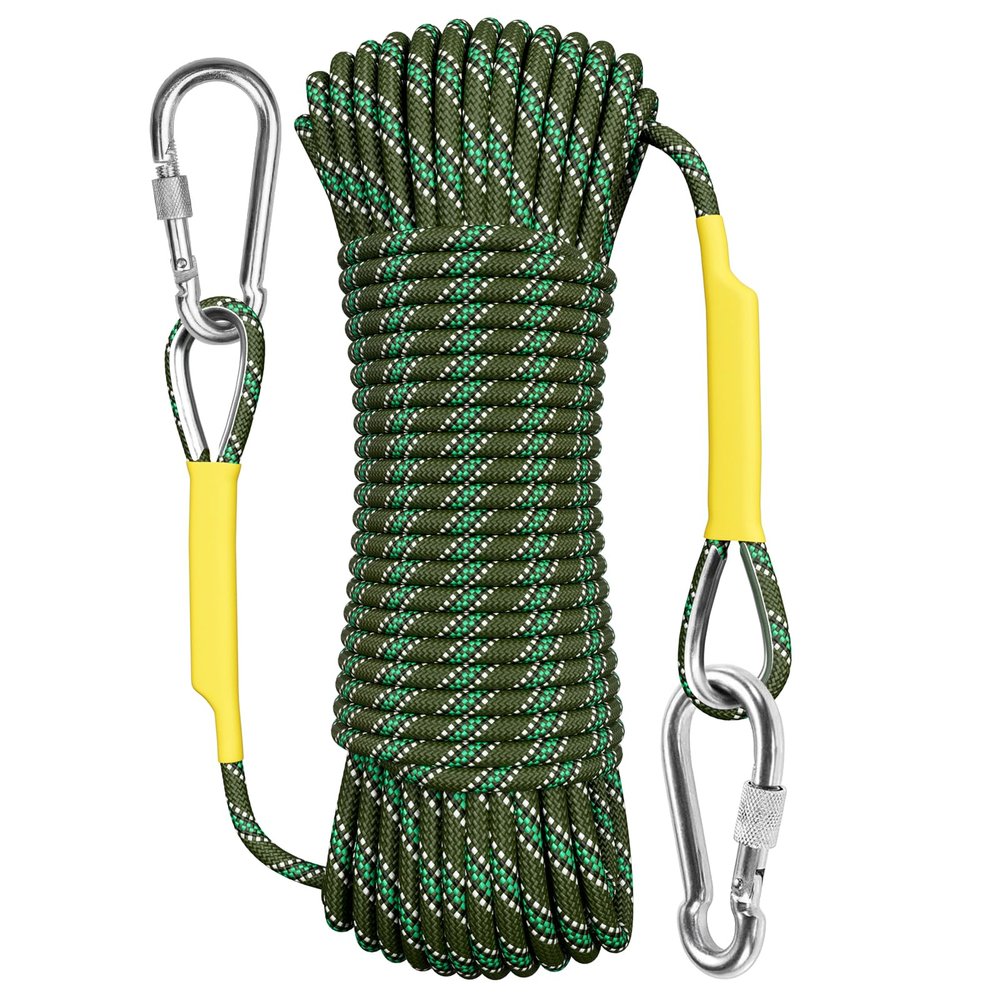 X XBEN Outdoor Climbing Rope, 8MM Diameter Static Rock Climbing Rope 40M(132ft) Tree Climbing Rappelling Rope with Hooks, Escape Rope Fire Rescue Parachute Rope
