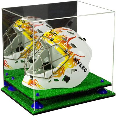 Better Display Cases Acrylic Lacrosse Helmet Display Case with Mirror, Navy Blue Risers and Turf Base (V44/A002)