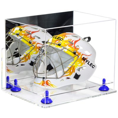 Better Display Cases Acrylic Full-Size Lacrosse/Hockey/Catchers Mask Display Case with Mirror, Dark Blue Risers, Clear Wall Mount and Clear Base (V44/A002)