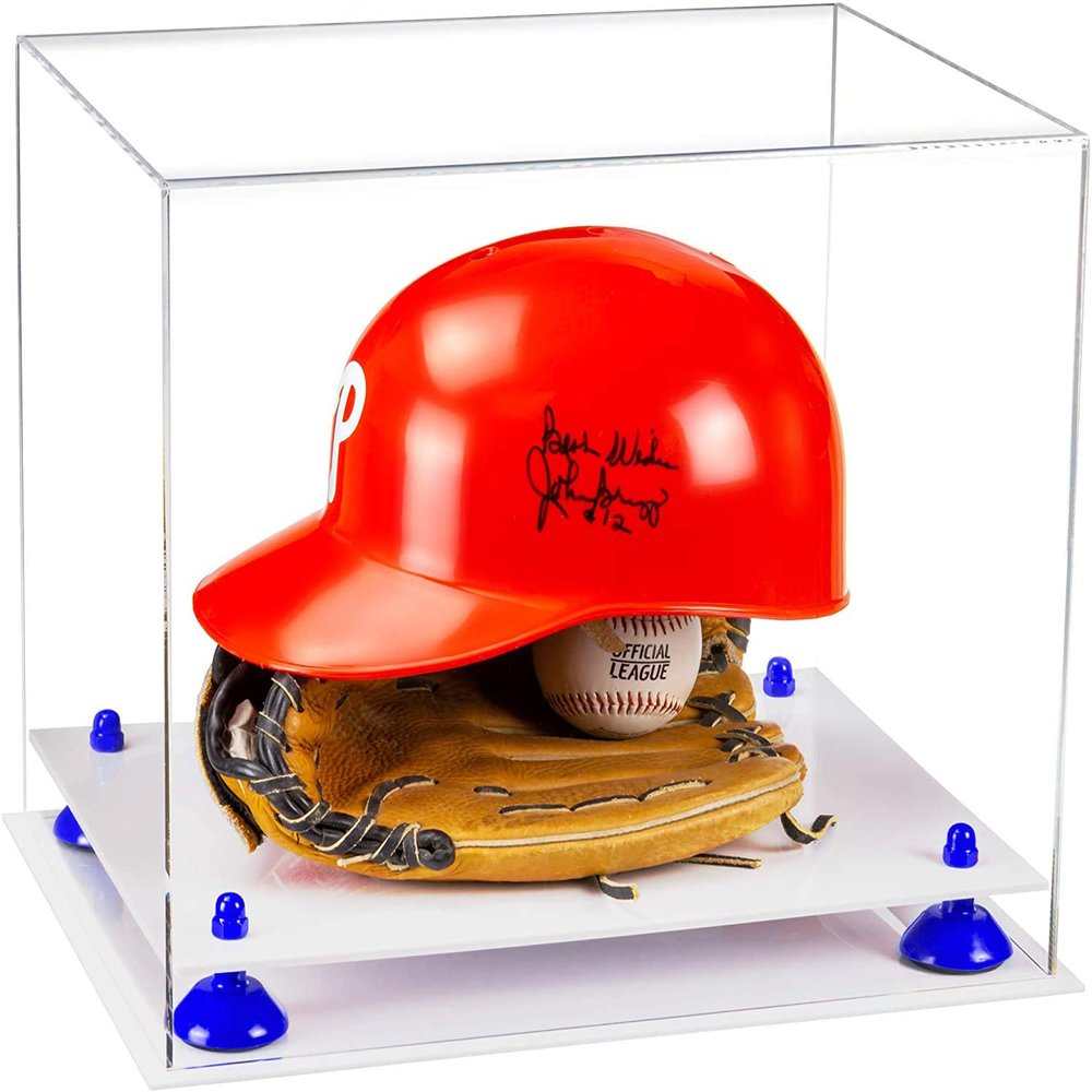 Better Display Cases Versatile Clear Acrylic Display Case - Large Rectangle Box with Dark Blue Risers and White Base 14.5" x 11" x 12" (V44/A002)