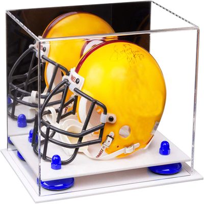 Better Display Cases Acrylic Mini - Miniature Football Helmet (not Full Size) Display Case with Mirror, Navy Blue Risers and White Base (V45/A003)