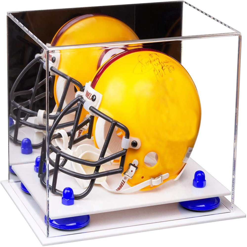 Better Display Cases Acrylic Mini - Miniature Football Helmet (not Full Size) Display Case with Mirror, Navy Blue Risers and White Base (V45/A003)