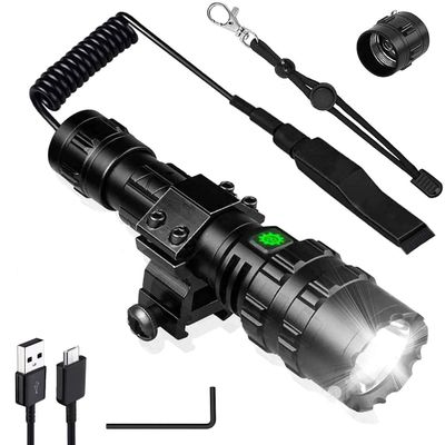 Tactical Flashlight with Picatinny Rails Mount and Pressure Switch, 5 Modes Super Bright USB Rechargeable Flashlight Waterproof Scout Light Torch for Outdoor Hiking
