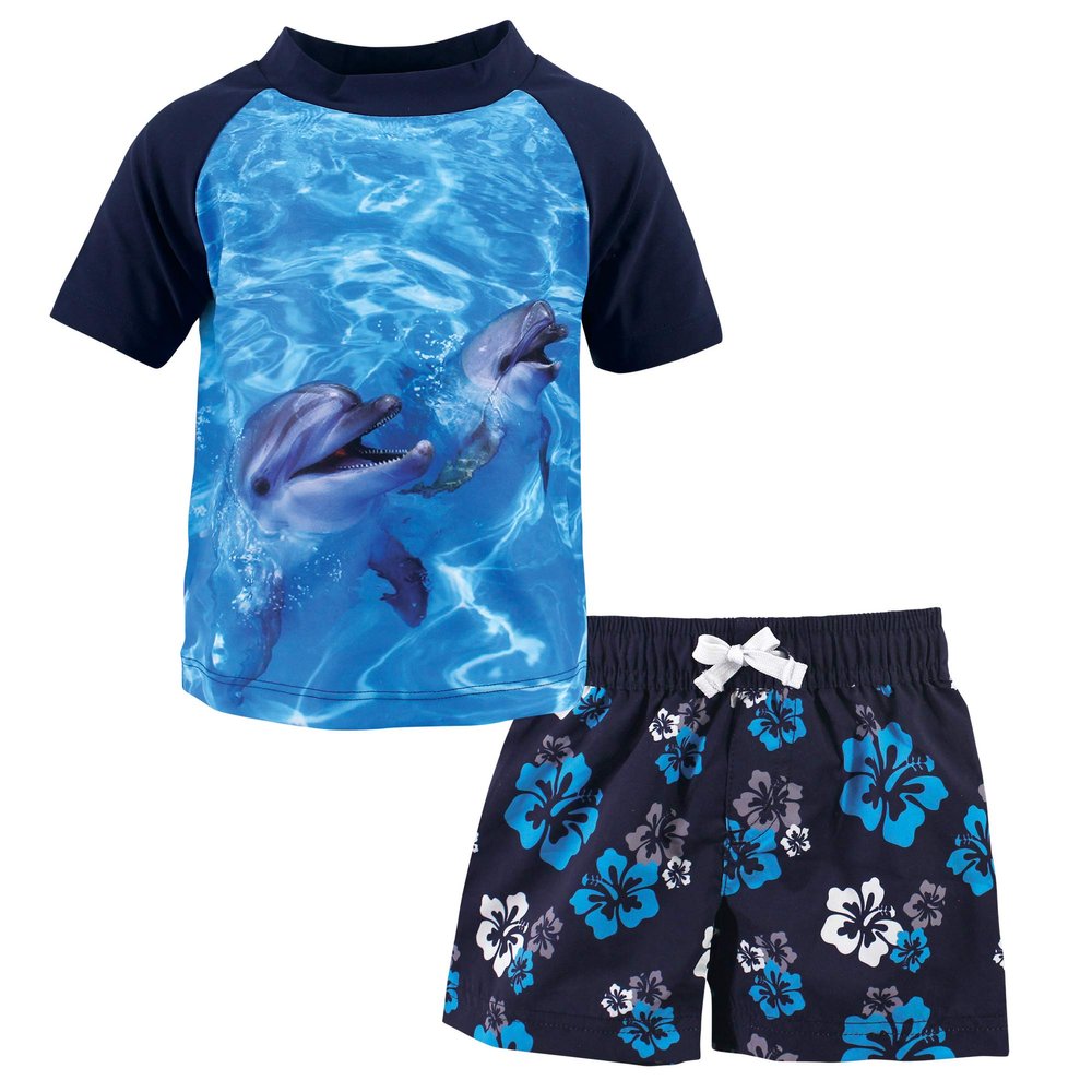 Hudson Baby Unisex Swim Rashguard Set, Boy Dolphin, 12-18 Months