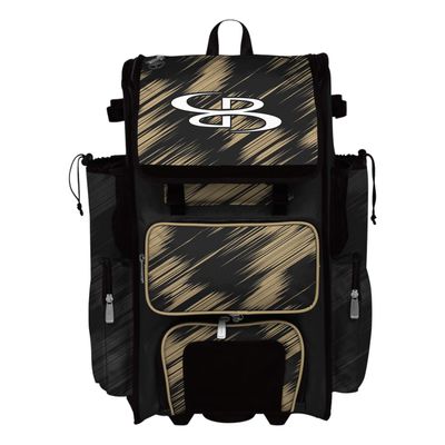 Boombah Rolling Superpack 2.0 Scratch Baseball/Softball Gear Bag - 23-1/2" x 13-1/2" x 9-1/2" - Black/Vegas Gold - Telescopic Handle - Holds 4 Bats - Wheeled Version