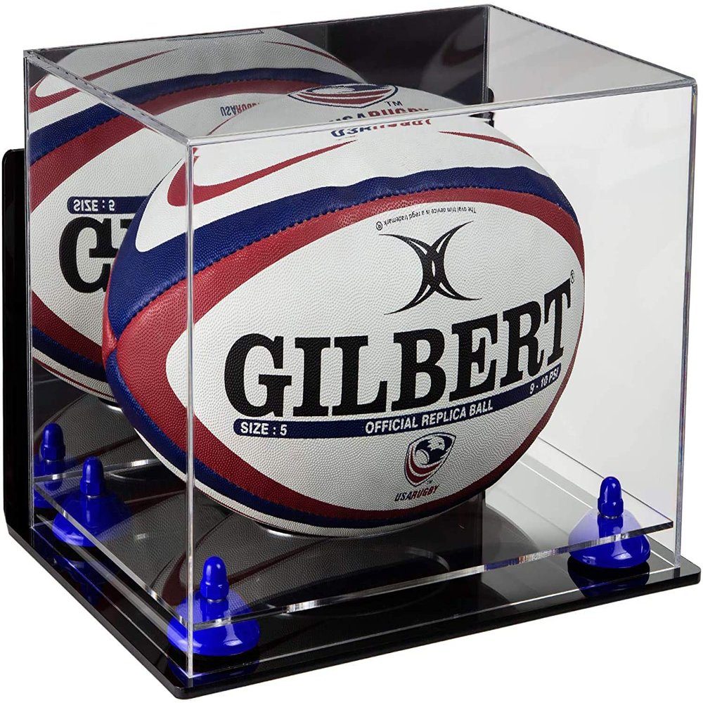 Better Display Cases Acrylic Rugby Ball Display Case with Mirror, Navy Blue Risers, Wall Mount and Clear Base (B41/A004)