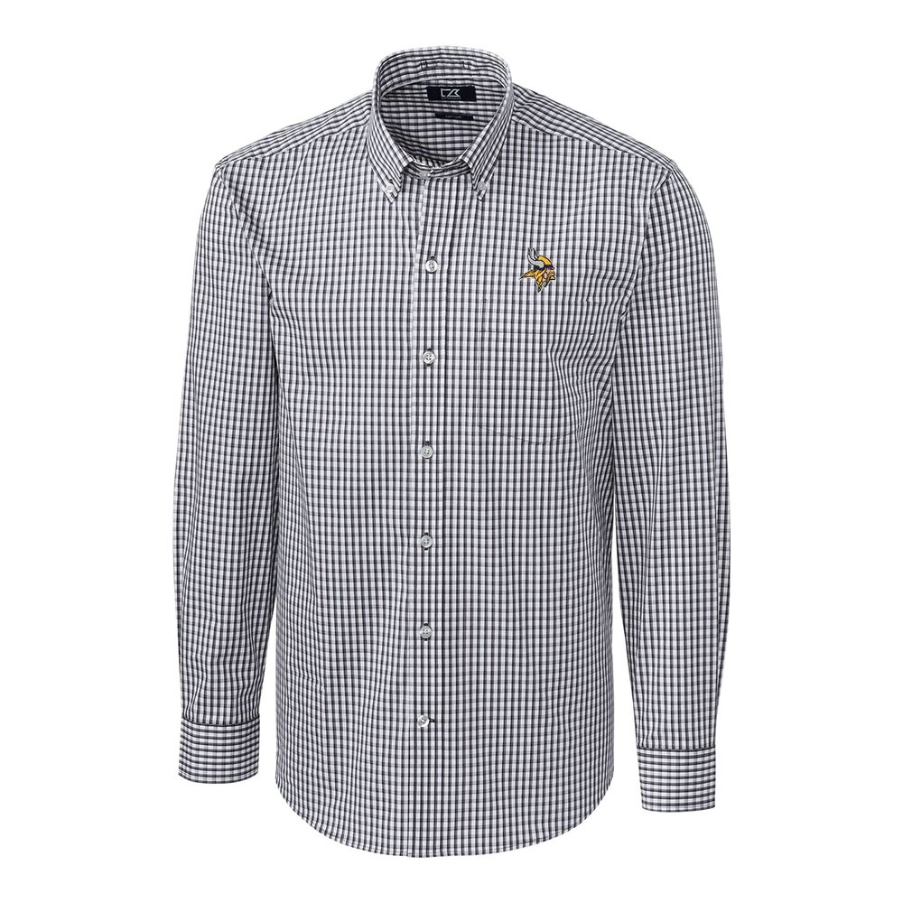 Cutter & Buck Men's Charcoal Minnesota Vikings Big & Tall Stretch Gingham Long Sleeve Woven Button Down Shirt