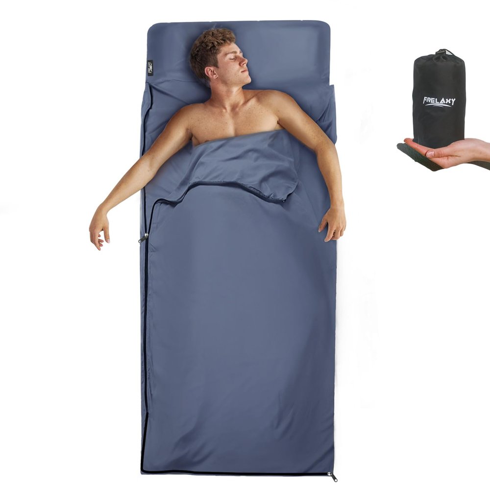 Frelaxy Sleeping Bag Liner with Full-Length Zipper & Pillow Pocket, Comfy & Easy Care Travel & Camping Sheet, 4 Seasons Warm Cold Weather, Adults & Kids Great for Travel, Backpacking, Hiking (Navy)